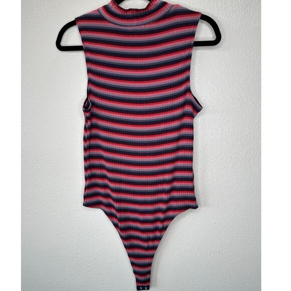 Abound Pink Burgundy Blue Gray Striped Mock Neck Sleeveless Bodysuit L - Picture 9 of 12